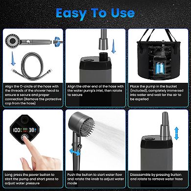 Portable Camping Shower with IPX7 Waterproof Pump, 6000mAh Battery & 5.3Gallon Foldable Bucket
