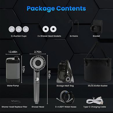 Portable Camping Shower with IPX7 Waterproof Pump, 6000mAh Battery & 5.3Gallon Foldable Bucket
