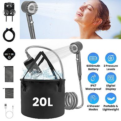 Portable Camping Shower with IPX7 Waterproof Pump, 6000mAh Battery & 5.3Gallon Foldable Bucket