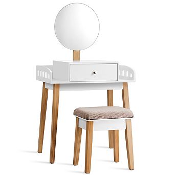 Costway Wooden Vanity Makeup Dressing Table Stool Round w/Drawer