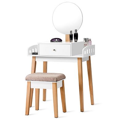 Costway Wooden Vanity Makeup Dressing Table Stool Round w/Drawer