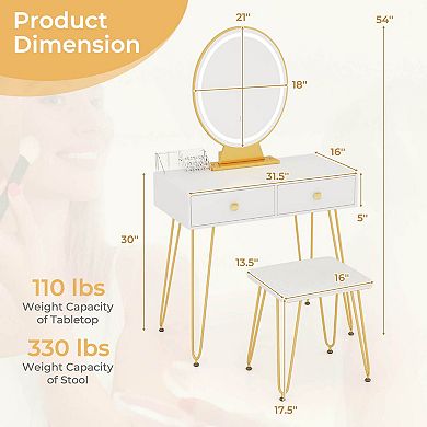 Costway Vanity Makeup Dressing Table W/ 3 Lighting Modes Mirror Touch Switch White