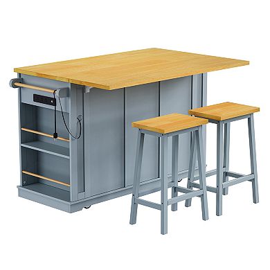 Whisen Kitchen Cart Island with 2 Bar Stools, Leaf, Side Racks, Drawers, Locking Wheels