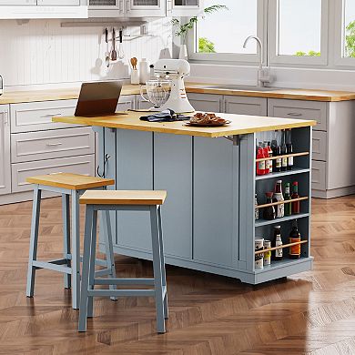 Whisen Kitchen Cart Island with 2 Bar Stools, Leaf, Side Racks, Drawers, Locking Wheels