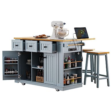Whisen Kitchen Cart Island with 2 Bar Stools, Leaf, Side Racks, Drawers, Locking Wheels