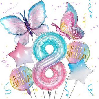 9 pc Butterfly Foil Balloons for 8th Birthday Girls Party with Gradient Pink Number 8 Balloon Decor
