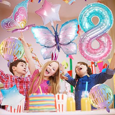9Pcs Butterfly Foil Balloons for 8th Birthday Girls Party with Gradient Pink Number 8 Balloon Decor