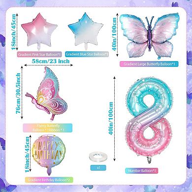 9Pcs Butterfly Foil Balloons for 8th Birthday Girls Party with Gradient Pink Number 8 Balloon Decor