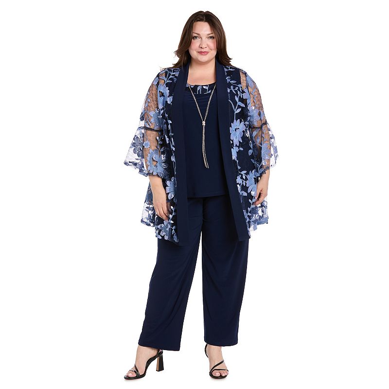 Plus Size R&M Richards 3-pc. Threadwork Duster, Top & Pants Set, Women's, Size: 20 - Regular, Navy Purple