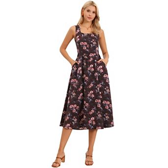 Sleeveless Floral Dress for Women's Summer Midi Dress Square Neck Flowy Sundress with Pockets
