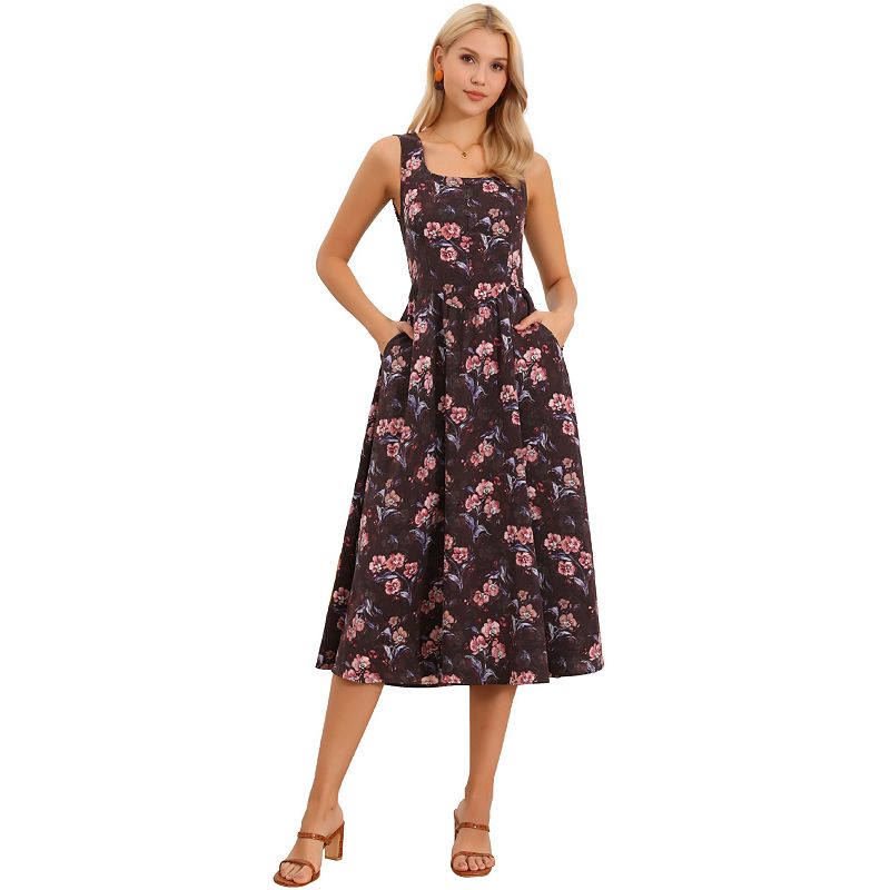 Sleeveless Floral Dress for Women's Summer Midi Dress Square Neck Flowy Sundress with Pockets