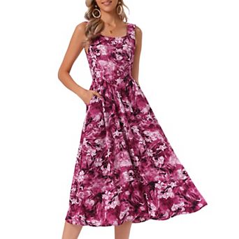 Sleeveless Floral Dress for Women's Summer Midi Dress Square Neck Flowy Sundress with Pockets