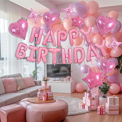 35Pcs Light Pink Happy Birthday Decorations with Star Balloons and Foil Banner for Party Decor