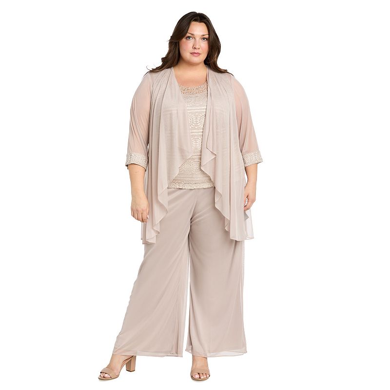 Plus Size R&M Richards 3-Pc. Beaded Duster, Top & Pants Set, Women's, Size: 20 - Regular, Beige