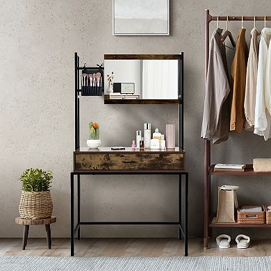 Costway Industrial Vanity Table with 3-Height Adjustable Mirror Storage Bag Large Drawer