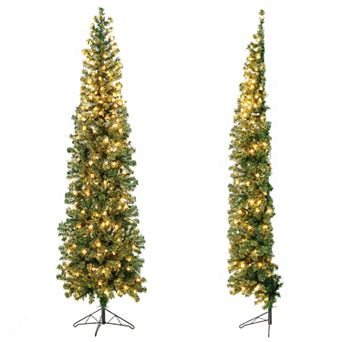 Gymax 7FT Pre-Lit PVC Christmas Decor Tree Half Artificial Tree w/ Branch Tips & Lights