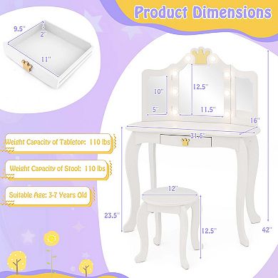 Costway Kids Vanity Set Princess Vanity Table & Chair Set with Lighted Mirror