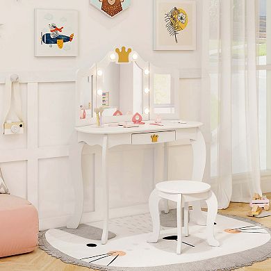 Costway Kids Vanity Set Princess Vanity Table & Chair Set with Lighted Mirror