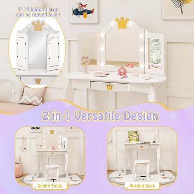 Costway Kids Vanity Set Princess Vanity Table & Chair Set with Lighted Mirror