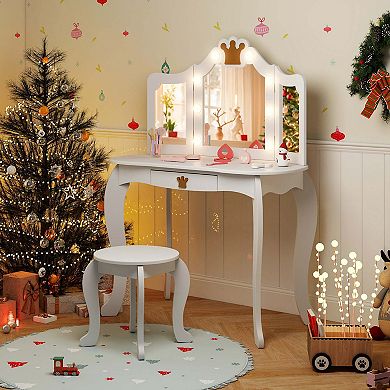 Costway Kids Vanity Set Princess Vanity Table & Chair Set with Lighted Mirror