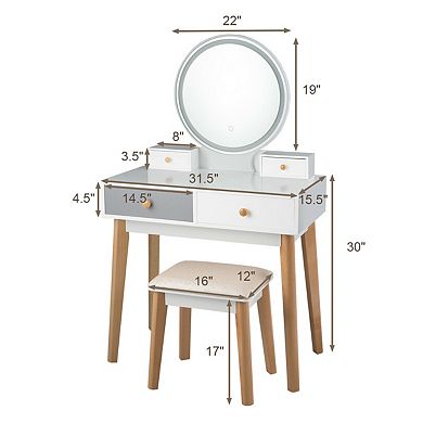 Costway Vanity Table 3 Color Lighting Modes MakeUp Stool Jewelry