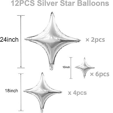 12Pcs Silver Star Foil Balloons in Various Sizes for Wedding Baby Shower and Party Decor