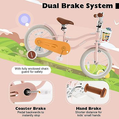 16 Inch Kids Bike with Front Handbrake and 2 Training Wheels-Pink