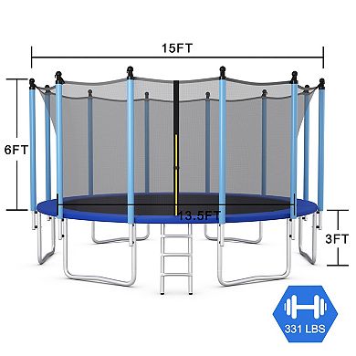 15-Foot Outdoor Trampoline with Safety Enclosure Net