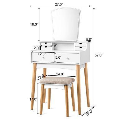 Costway Vanity Table 6 Dressing Table Cushioned Stool Makeup Table