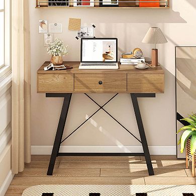 Costway Vanity Desk with Flip Top Mirror Makeup Dressing Table with Power Outlets Drawer