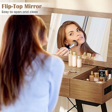 Costway Vanity Desk with Flip Top Mirror Makeup Dressing Table with Power Outlets Drawer