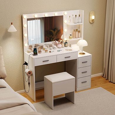Costway 43.5" Makeup Table Set Vanity Desk with Storage Stool Power Outlets 2 Open Shelves