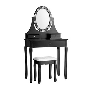 Costway Bedroom Vanity Set Makeup Dressing Table w/3 Drawers 10 LED Bulb Black