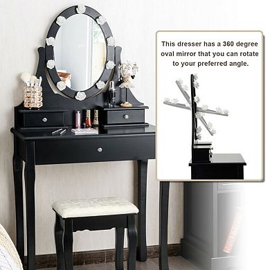 Costway Bedroom Vanity Set Makeup Dressing Table w/3 Drawers 10 LED Bulb Black