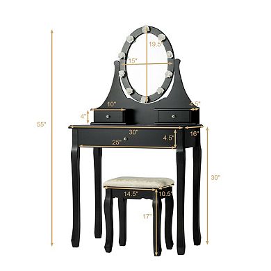 Costway Bedroom Vanity Set Makeup Dressing Table w/3 Drawers 10 LED Bulb Black