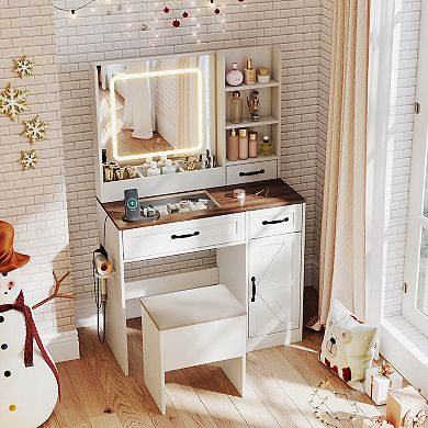 Costway Vanity Desk with Mirror & Power Outlets Dressing Table with 3 Color lighting