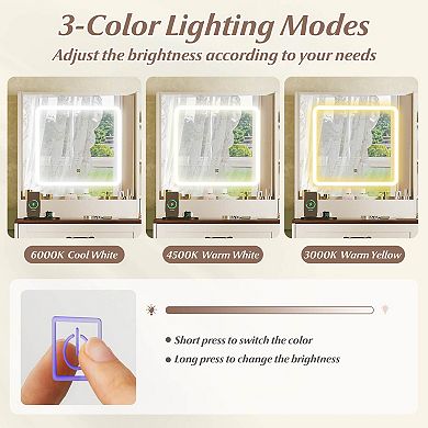 Costway Vanity Desk with Mirror & Power Outlets Dressing Table with 3 Color lighting