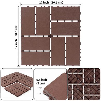 44-Pack Interlocking Deck Tiles, 12"x12" Plastic Patio Floor Tiles Brown Covers 44 Sq Ft