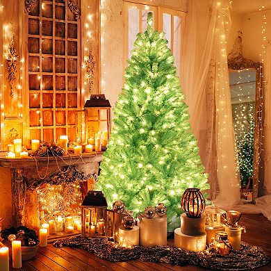 Gymax 7 FT Artificial Xmas Tree w/ 1040 Branch Tips 380 Warm White LED Lights