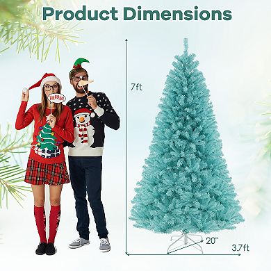 Gymax 7 FT Artificial Xmas Tree w/ 1040 Branch Tips 380 Warm White LED Lights