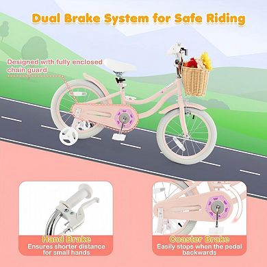 16 Inch Kids Bike with Basket Adjustable Seat Training Wheels and Dual Brake System