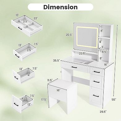 Costway 35.5" Makeup Table Set Vanity Desk with Mirror and Lights 2 Open Shelves Glass Top