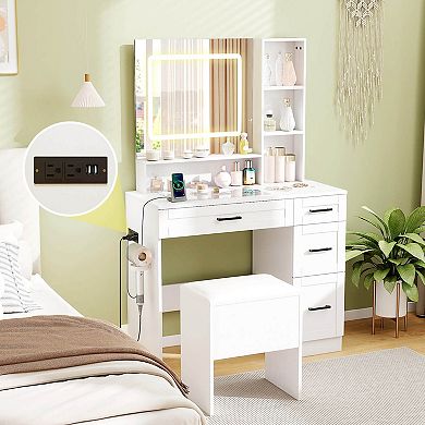 Costway 35.5" Makeup Table Set Vanity Desk with Mirror and Lights 2 Open Shelves Glass Top