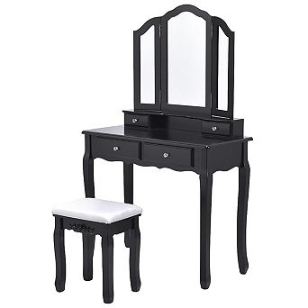 Costway Tri Folding Mirror Vanity Makeup Table Stool Set Black