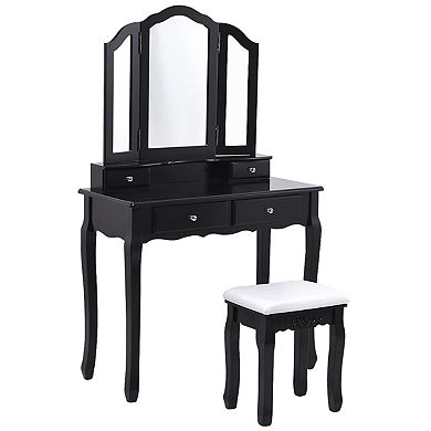 Costway Tri Folding Mirror Vanity Makeup Table Stool Set Black