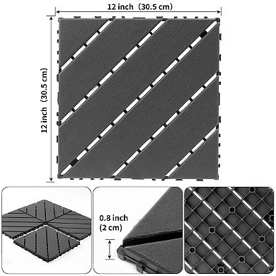 Deck Tiles, 44-PC Dark Grey Patio Tiles Covers 44 Sq Ft - 12"x12" Flooring - Easy Snap Design