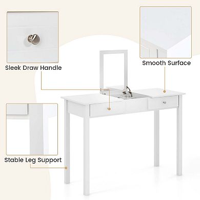 Costway 2-In-1 Vanity Table with Flip-Top Mirror 2 Drawers 9-Slot Storage Compartment White