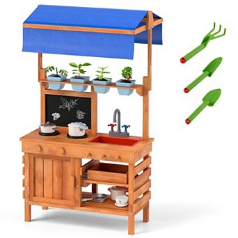 Gymax Mud Kitchen Wooden Pretend Play Kitchen w/ Height Adjustable Canopy