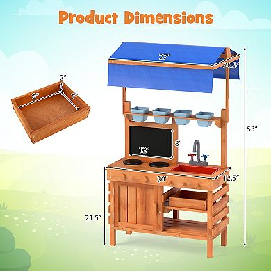 Gymax Mud Kitchen Wooden Pretend Play Kitchen w/ Height Adjustable Canopy