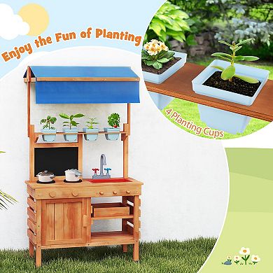 Gymax Mud Kitchen Wooden Pretend Play Kitchen w/ Height Adjustable Canopy
